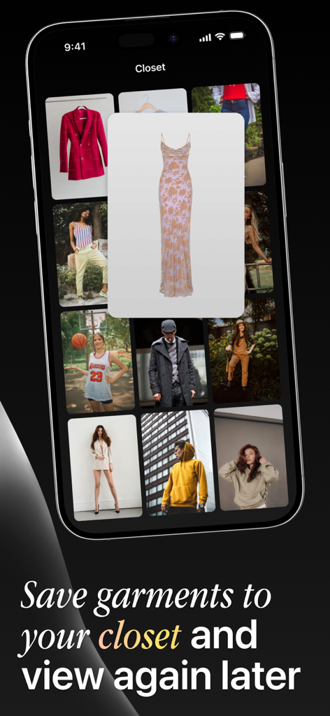 保存されたアウトフィットのグリッドと注目の花柄のドレスを示すファッションAIアプリのバーチャルクローゼットのスクリーンショット。