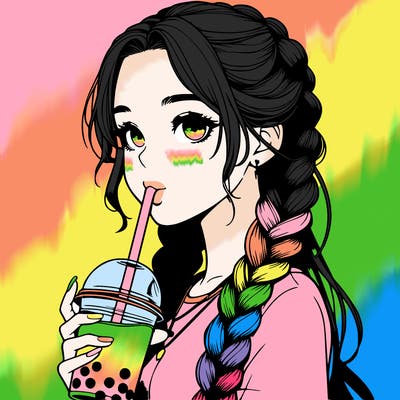 realistic girl with braided hair drinking boba