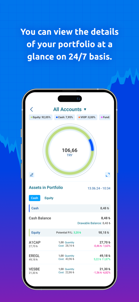 Schermata di panoramica del portafoglio di N Kolay Trader che mostra la distribuzione degli asset e il saldo del conto