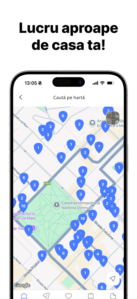 Interfaccia mappa dell'app Rabota.md che mostra opportunità di lavoro con indicatori di posizione blu.