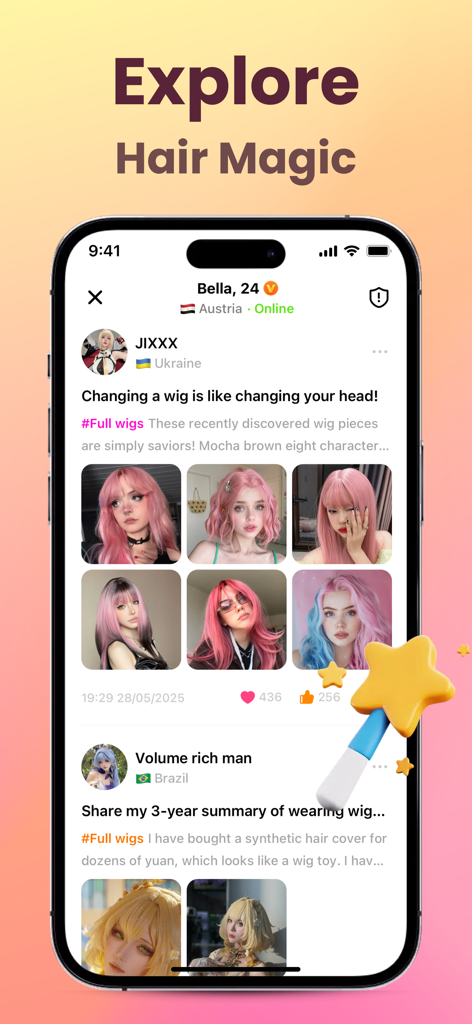 Feed social de la aplicación MOMOF mostrando varios estilos de pelucas e inspiración de cosplay.