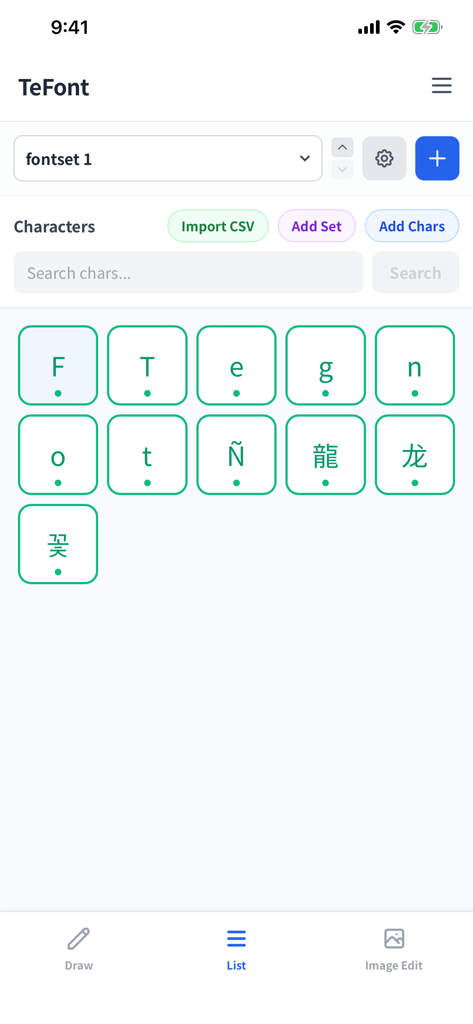 Interface de l'application TeFont montrant une grille de caractères pour un projet de police manuscrite personnalisée.