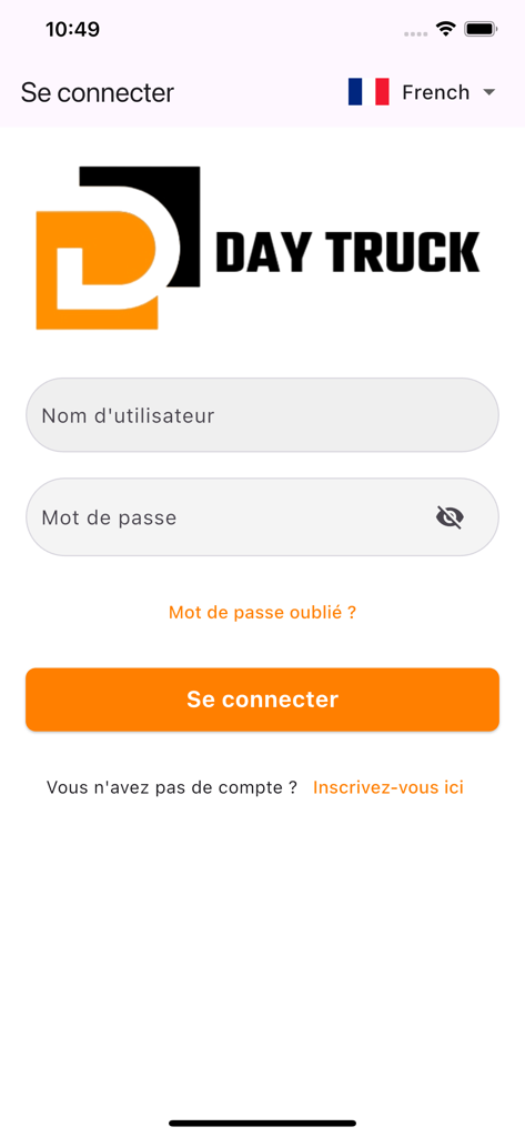 사용자 이름과 비밀번호 입력 필드가 있는 DayTruck 클라이언트 앱 로그인 인터페이스