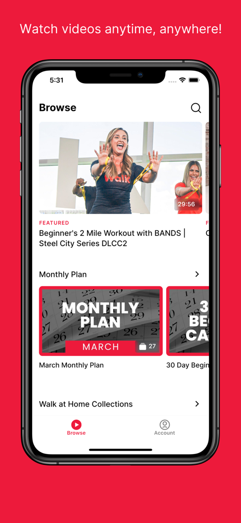 Schermata di navigazione dell'app Walk At Home che mostra workout di camminata in evidenza e piani di fitness mensili