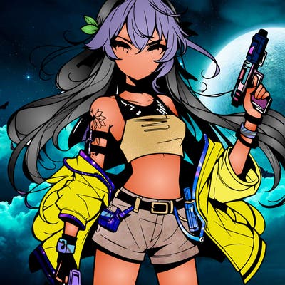 bad girl wearing crop top holding a gun long hair anime