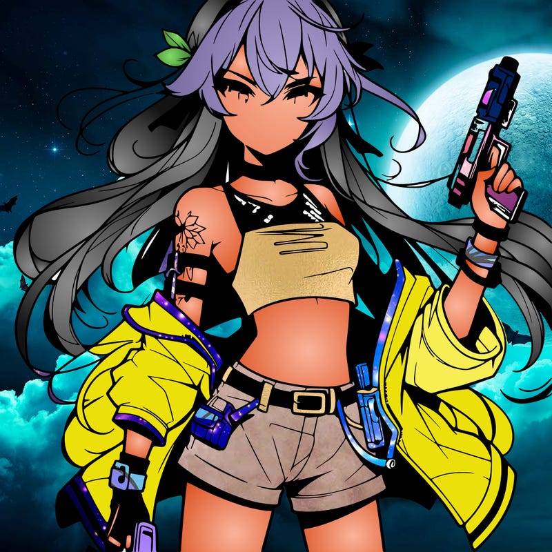 bad girl wearing crop top holding a gun long hair anime
