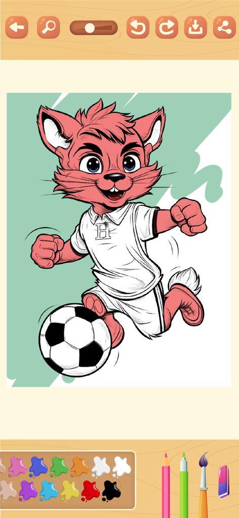 Paint magic soccer pages - Eine Cartoon-Katze in Fußballuniform, die auf einer digitalen Malvorlage einen Ball kickt
