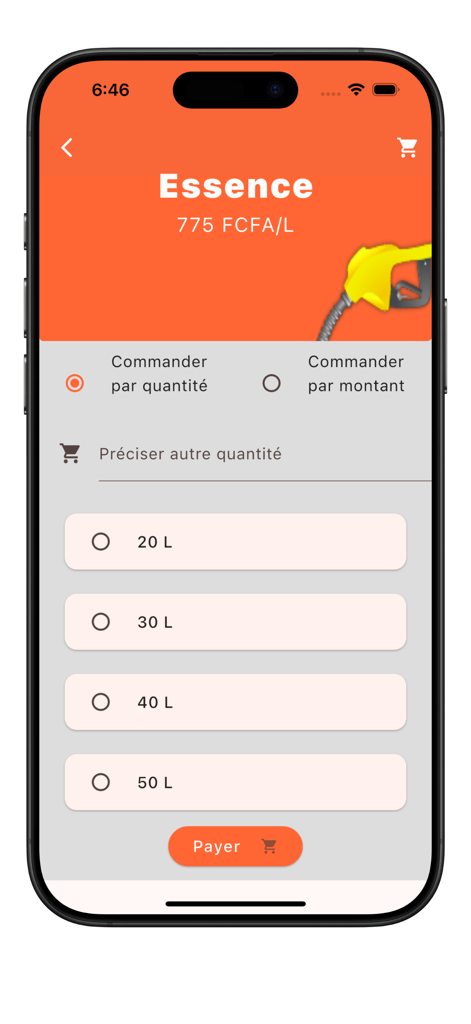 Mobile app screen for ordering gasoline by quantity or amount with price per liter
