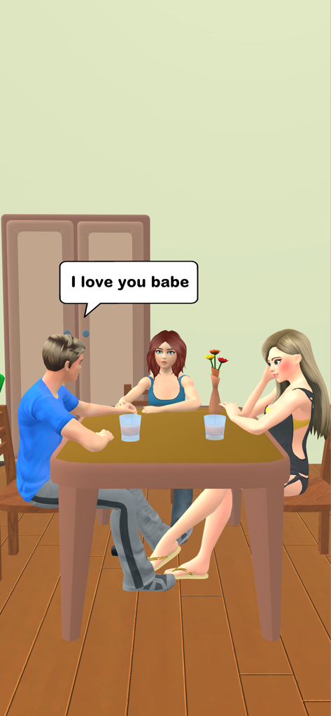 A man at a table tells his girlfriend he loves her while secretly holding hands with another woman under the table.