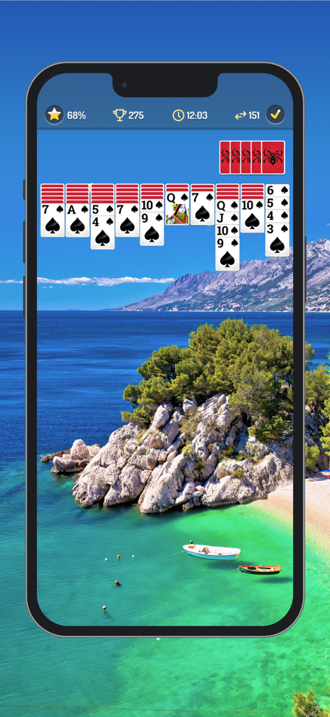 Juego móvil de Spider Solitaire con un relajante fondo de playa tropical.