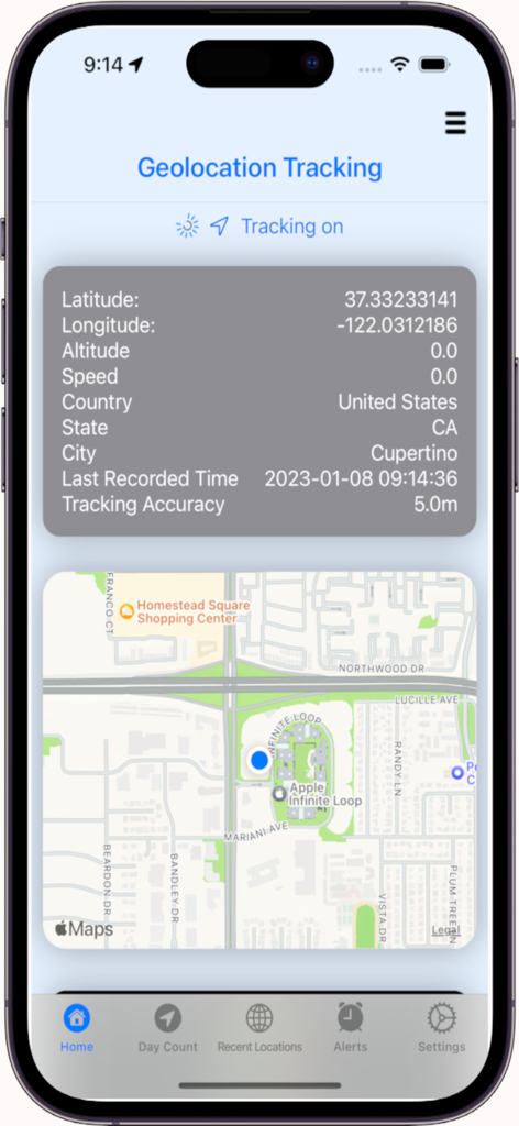 Domicile365 Residency Tracker - Domicile365 app geolocation tracking interface showing precise coordinates and location map for residency tax compliance