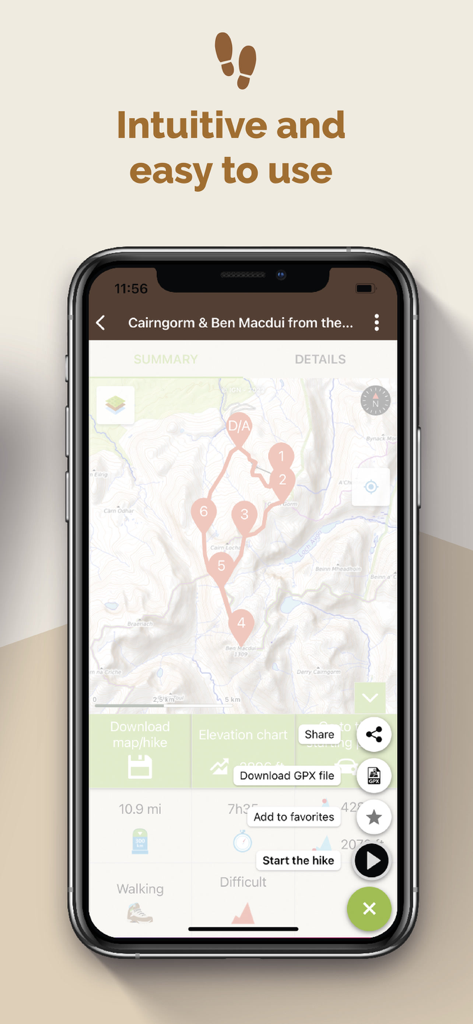 Visorando app interface showing a detailed hiking route on a topographic map with navigation and download options