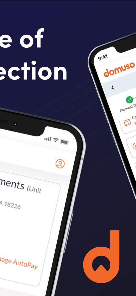 Interfaz de la aplicación móvil del Portal de Residentes Domuso en dos iPhones con el logotipo naranja y opciones de pago automático.