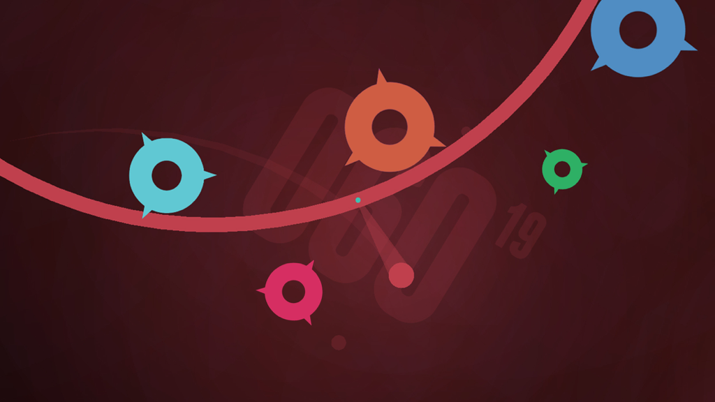 Pivvot - Gameplay screenshot of Pivvot featuring colorful circular obstacles and a winding red path on a dark background