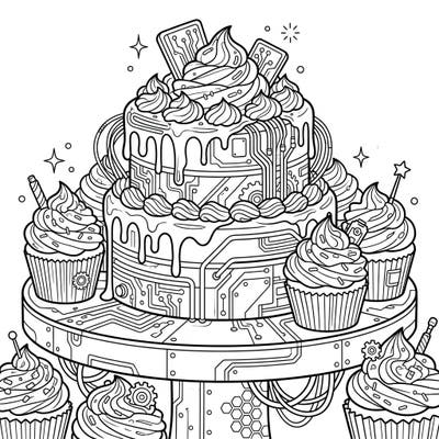Prepare for a coloring experience that's out of this world with our cyberpunk cakes and cupcakes design. This unique template fuses the delight of sweet treats with intricate futuristic tech details, ready for your artistic touch.