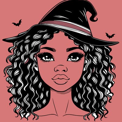 realistic black girl with wavy hair and witch hat and nose and lips