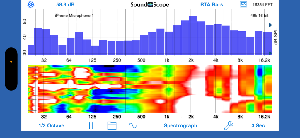 SoundScope VR - SoundScope VR mobile app interface showing RTA bar graph and spectrograph analysis