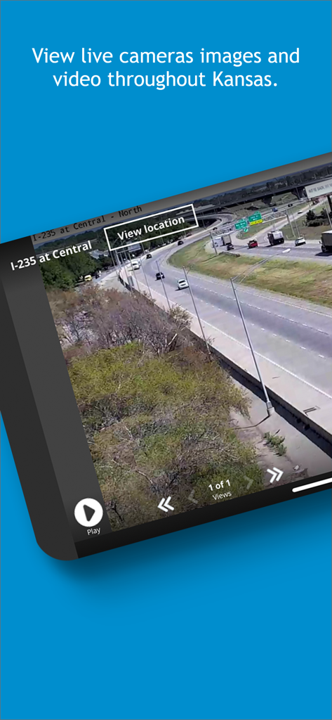 Une capture d'écran de l'application KanDrive montrant le flux d'une caméra de trafic en direct de l'I-235 à Central à Kansas.