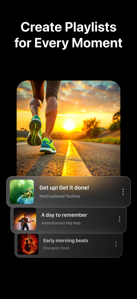 Song AI Maker: Generate Music - Song AI Makerアプリの画面。夕日のランナーの背景画像とともに、「Motivational Techno」や「Energetic Rock」などのカスタムプレイリストが表示されています。