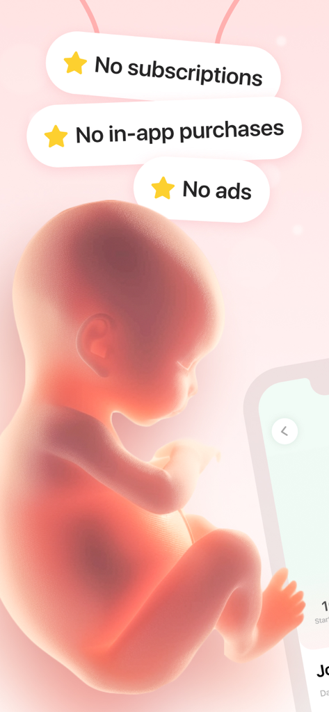 My Pregnancy | Tracker & App - Eine 3D-Illustration eines Fötus mit Bannern, die keine Werbung, keine Abonnements und keine In-App-Käufe hervorheben.