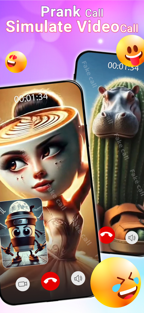 Idol Prank Call - Chat & Video - Interface showing simulated prank video calls with funny surreal characters and laughing emojis.