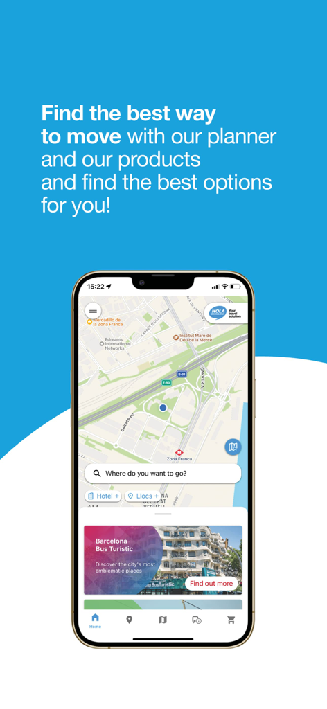 Hola Barcelona mobile app screen displaying a city map and route planner for tourists