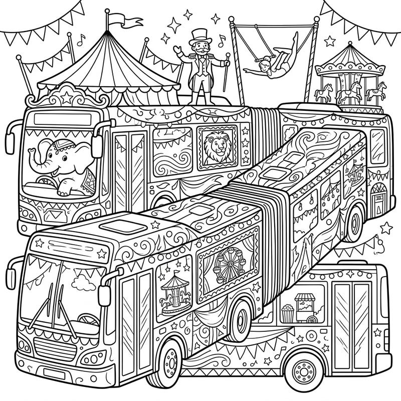 Embark on a spectacular coloring journey with this articulated bus transformed into a bustling carnival. This intricate design promises hours of creative fun, blending urban transport with whimsical circus magic.