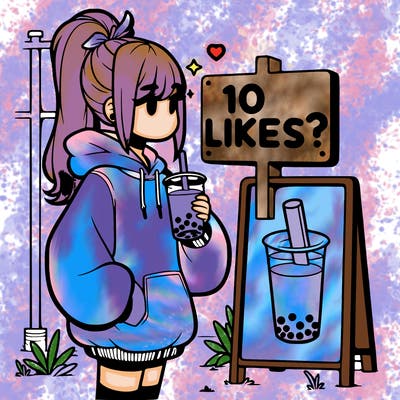 girl with oversized hoodie drinking boba and she has a high ponytail with a sign that says 10likes?