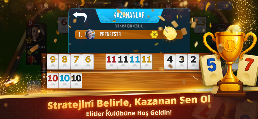 Okey Elite Gold - A victory screen from the Okey Elite Gold mobile game showing a winner announcement, a gold trophy, and arranged game tiles.