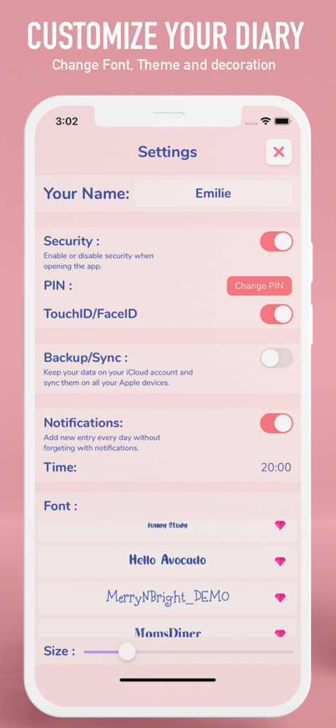 Secret Diary : with lock - Pantalla de configuración de la aplicación Diario Secreto que muestra opciones de personalización para fuentes, seguridad y notificaciones.