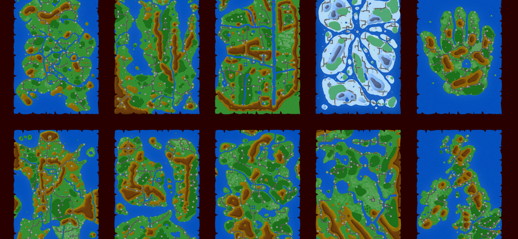 Warlords Classic Strategy - Grid of ten retro pixel art strategy maps from Warlords Classic including a hand shaped island