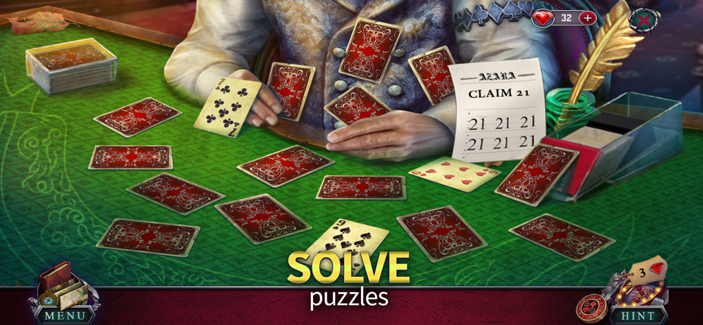 Fatal Luck: Adventure (F2P) - Fatal Luck Adventureゲームのカードゲームパズルシーン。緑のテーブルの上にカードが表示され、「パズルを解く」というテキストオーバーレイが表示されています