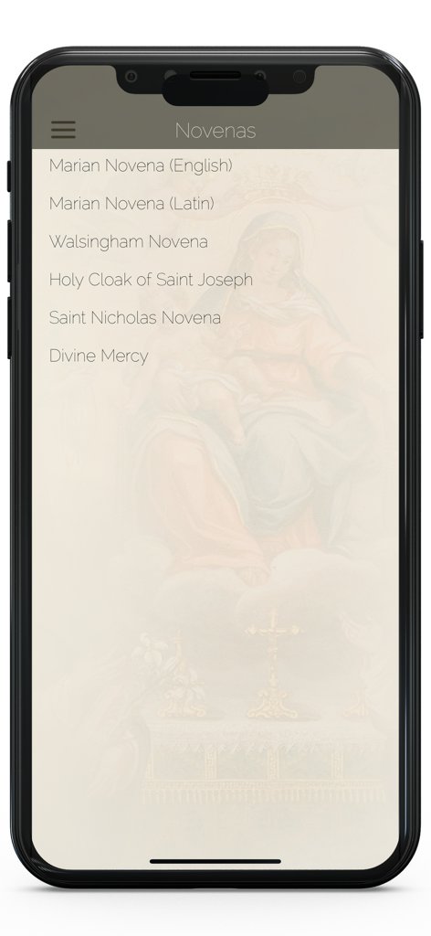 PrayersPlus 앱 내의 영어 및 라틴어 전통 가톨릭 9일기도 메뉴