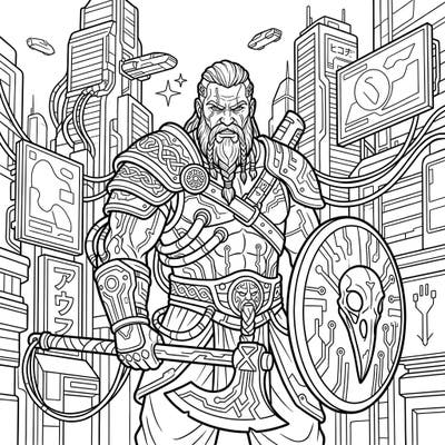 Unleash your creativity with this incredible Cyberpunk Viking Warrior coloring page. Immerse yourself in a futuristic saga where ancient Norse power meets a high-tech urban world.