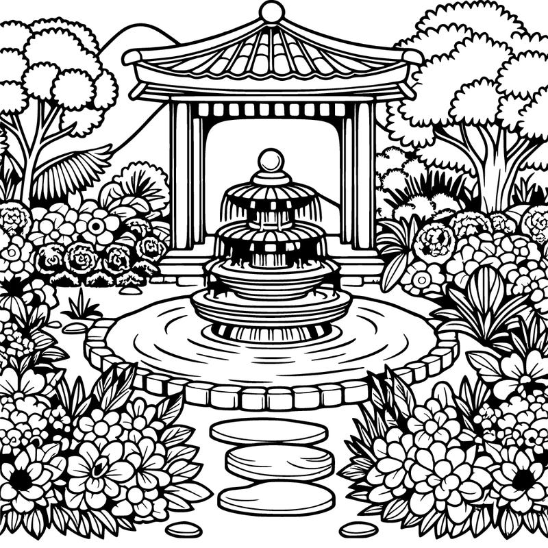 a most beautiful looking zen garden with a fountain and beautiful flowers
