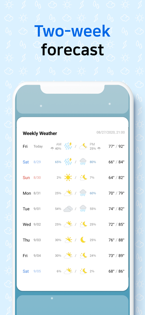 Weather Screen-Widget & Radar - A mobile interface from the Weather Screen app displaying a detailed two week weather forecast with daily temperature ranges and condition icons.