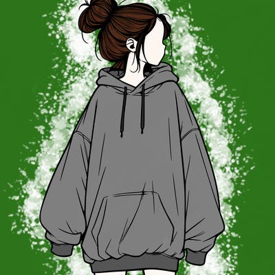 realistic girl with a oversized sweatshirt on and a bun