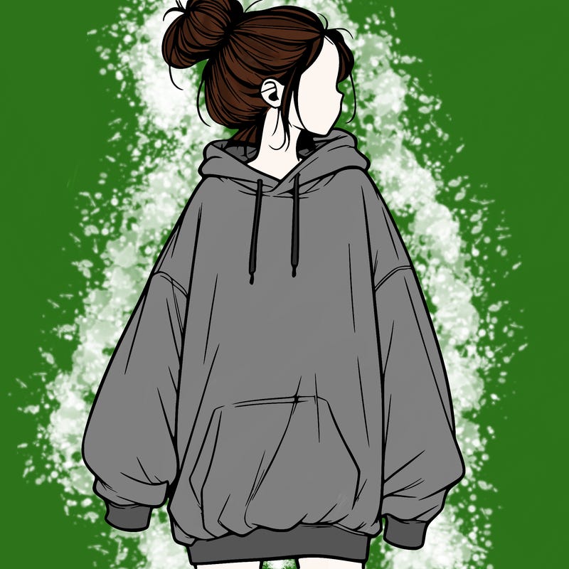 realistic girl with a oversized sweatshirt on and a bun