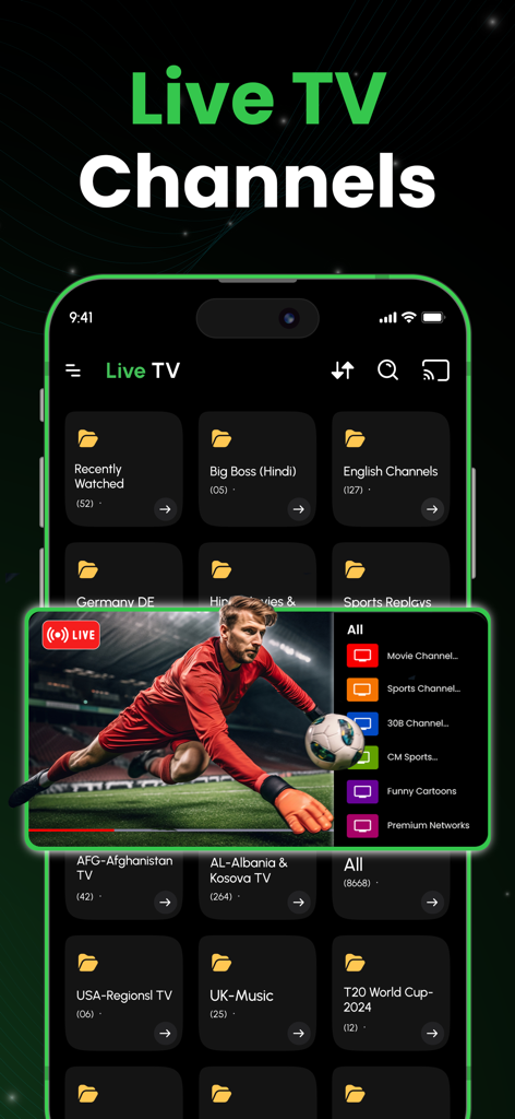 Flix IPTV Smarters Player app interface on iPhone showing live TV channels and a sports broadcast overlay.