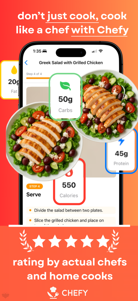 Chefy - AI Cooking Assistant - Chefy app displaying a Greek Salad recipe with calorie and protein nutrition facts