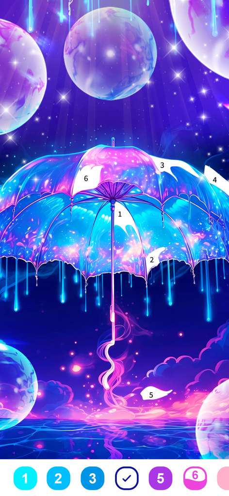 Ein magischer leuchtender Regenschirm unter einem sternenklaren Nachthimmel in einem Fantasy-Malen-nach-Zahlen-Spiel.