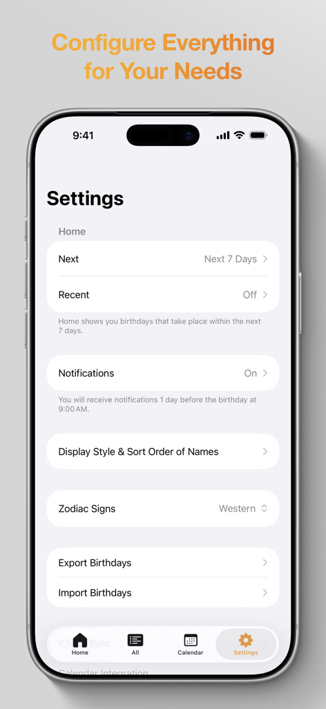 Birthdays: Birthday App - Settings screen of the Birthdays app on an iPhone showing options for notifications, display style, zodiac signs, and data export or import.