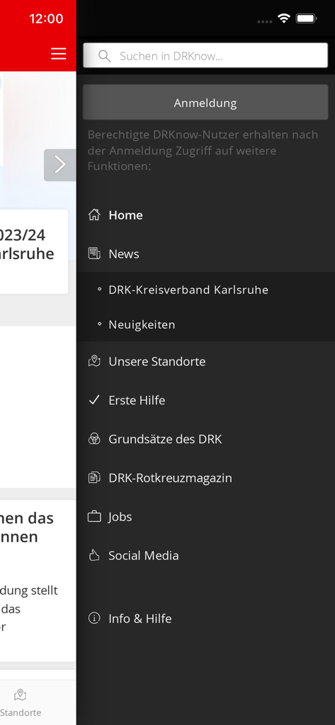 DRKnow! - Side navigation menu of the DRKnow app showing categories like News First Aid and Jobs