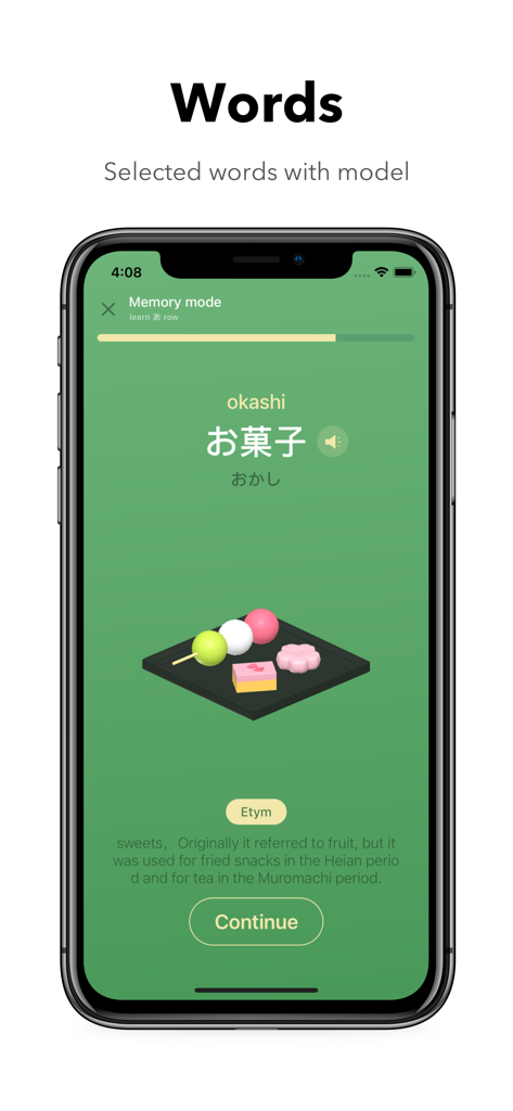 Kana Origin App Bildschirm mit einem 3D-Modell japanischer Süßigkeiten im Speichermodus