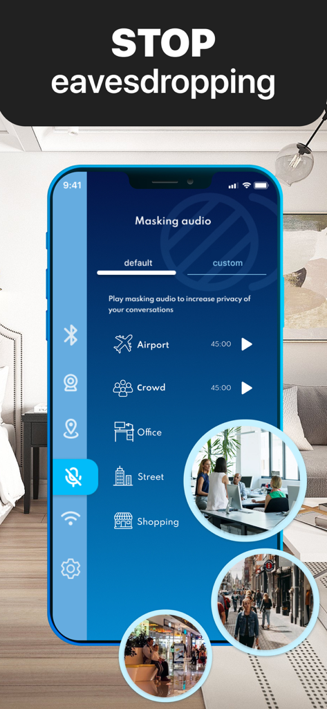 Interfaz de una aplicación móvil que muestra funciones de enmascaramiento de audio para prevenir escuchas en espacios públicos como oficinas o aeropuertos