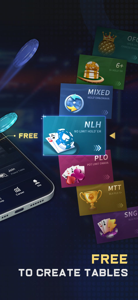 Screenshot dell'app PokerMan che mostra varie modalità di gioco e creazione di tavoli gratuiti