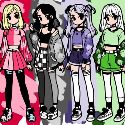 one girl with crop-top shirt and a jacket with a skirt, long socks and another girl with a shirt and pants with a jacket