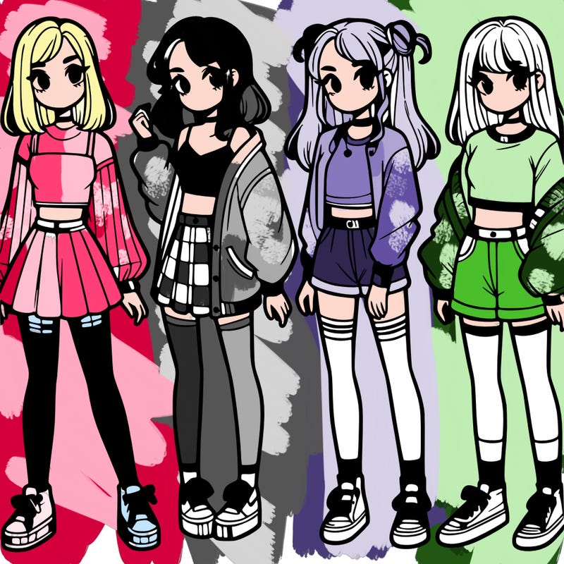 one girl with crop-top shirt and a jacket with a skirt, long socks and another girl with a shirt and pants with a jacket