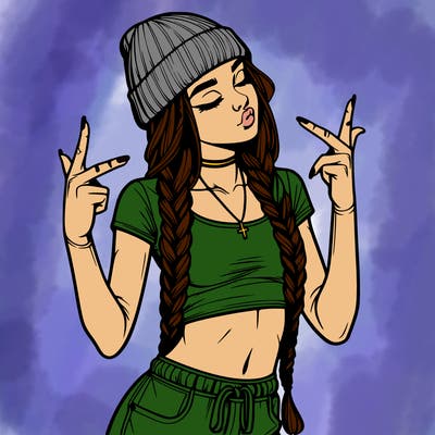 realistic teenage girl with braids and a beanie and crop top doing 🫶🏼