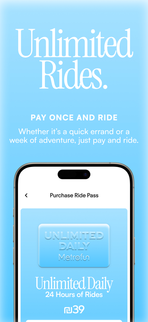 Metrofun® - Making Bikes Fun. - Metrofun mobile app screen displaying the purchase option for an unlimited daily bike ride pass.